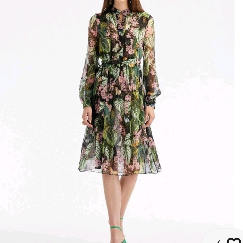 Oscar de la Renta Silk Chiffon Botanical Floral Midi Shirtdress Size 0 NEW liner - Picture 2 of 16
